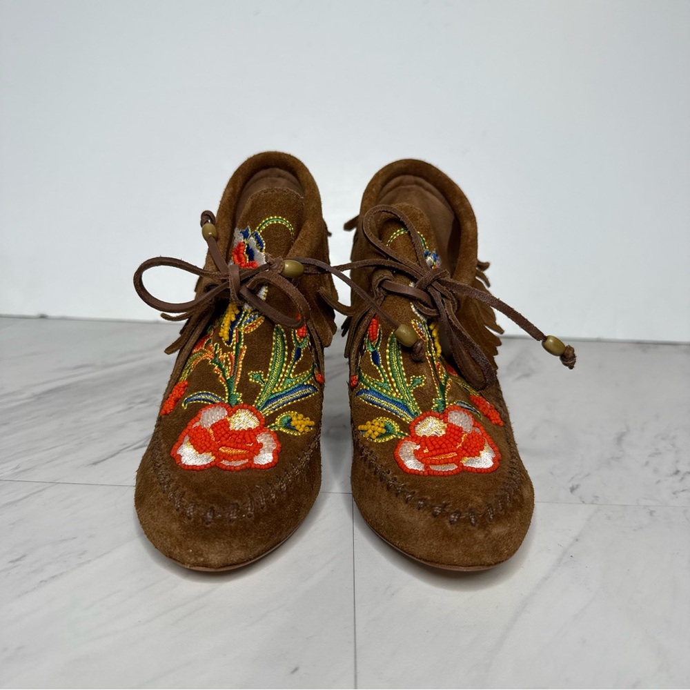 Tory Burch Huntington Fringe Brown Suede Beaded Bootie 5 1/2 M - Picture 2 of 14